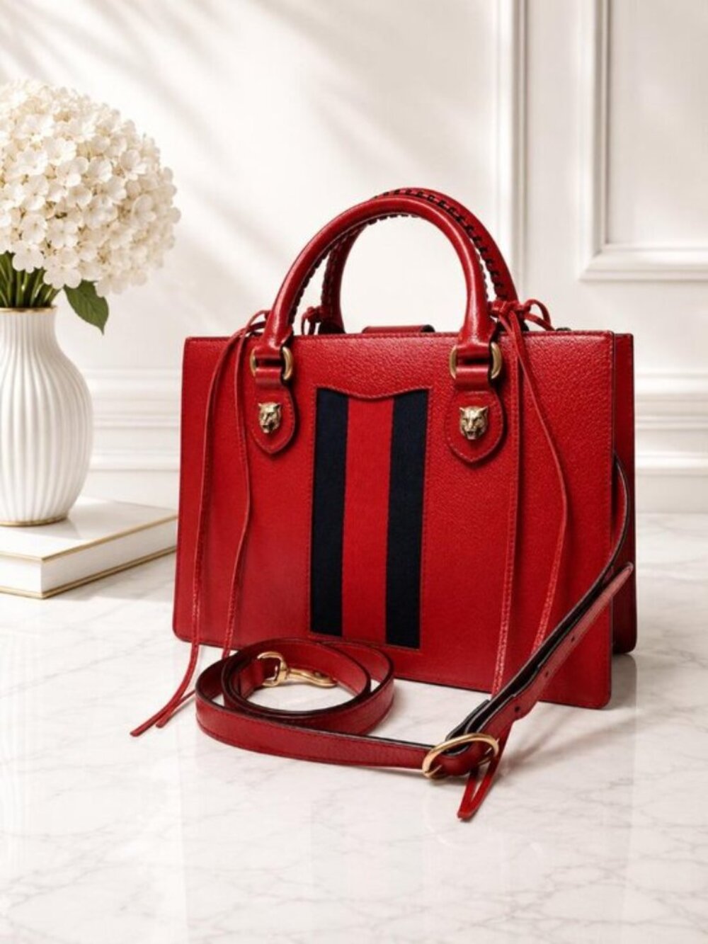 Authentic Gucci Animalier Web Leather Tote Bag Red